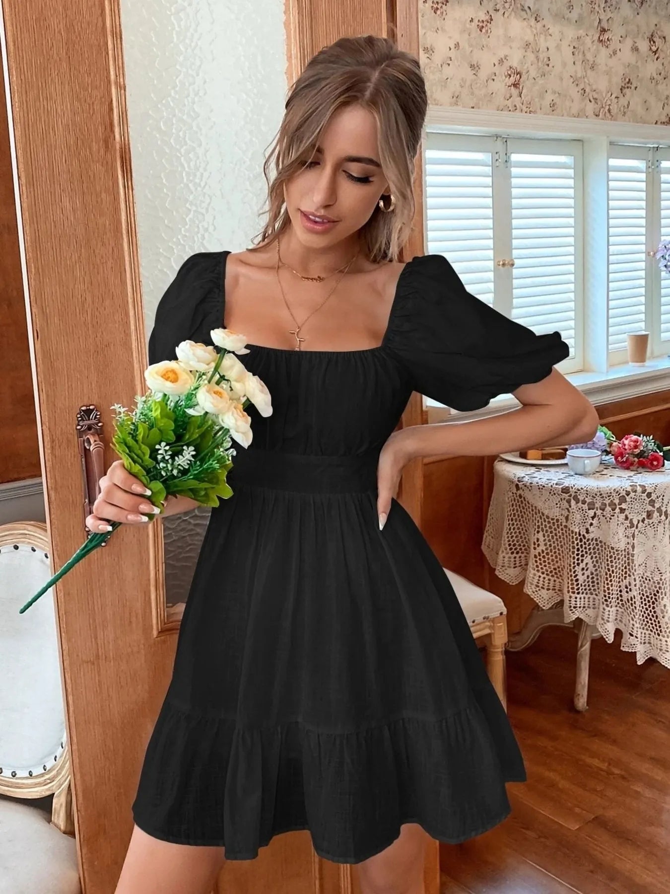 Square Neck Puff Sleeve Mini Dress Black OutfitFlow