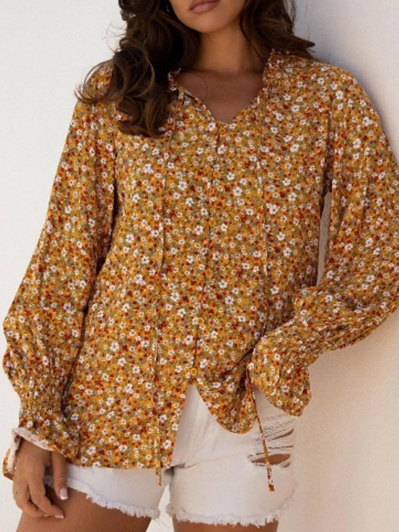 Floral Ruffled Bubble Sleeve Tie Neck Blouse OutfitFlow