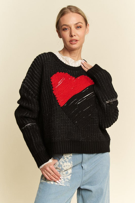 Outfit Flow - Davi & Dani Contrast Heart Dropped Shoulder Sweater