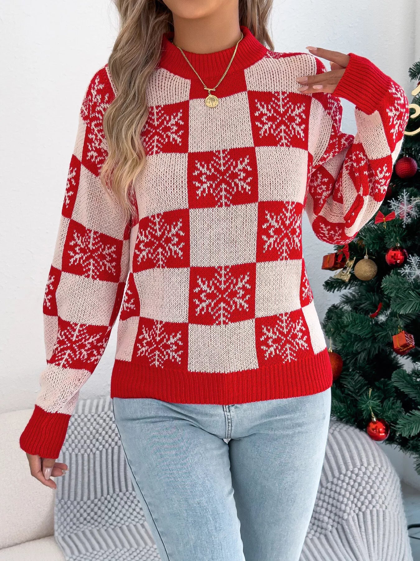Christmas Snowflake Checkered Round Neck Sweater OutfitFlow