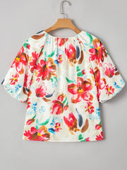 Floral Print Puffy Half Sleeve Blouse OutfitFlow