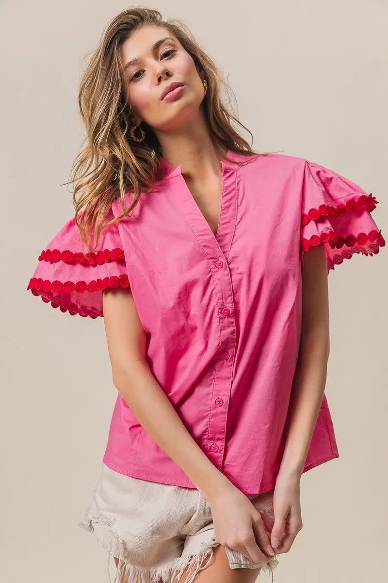 BiBi Dot Trim Flutter Sleeve Notched Top OutfitFlow