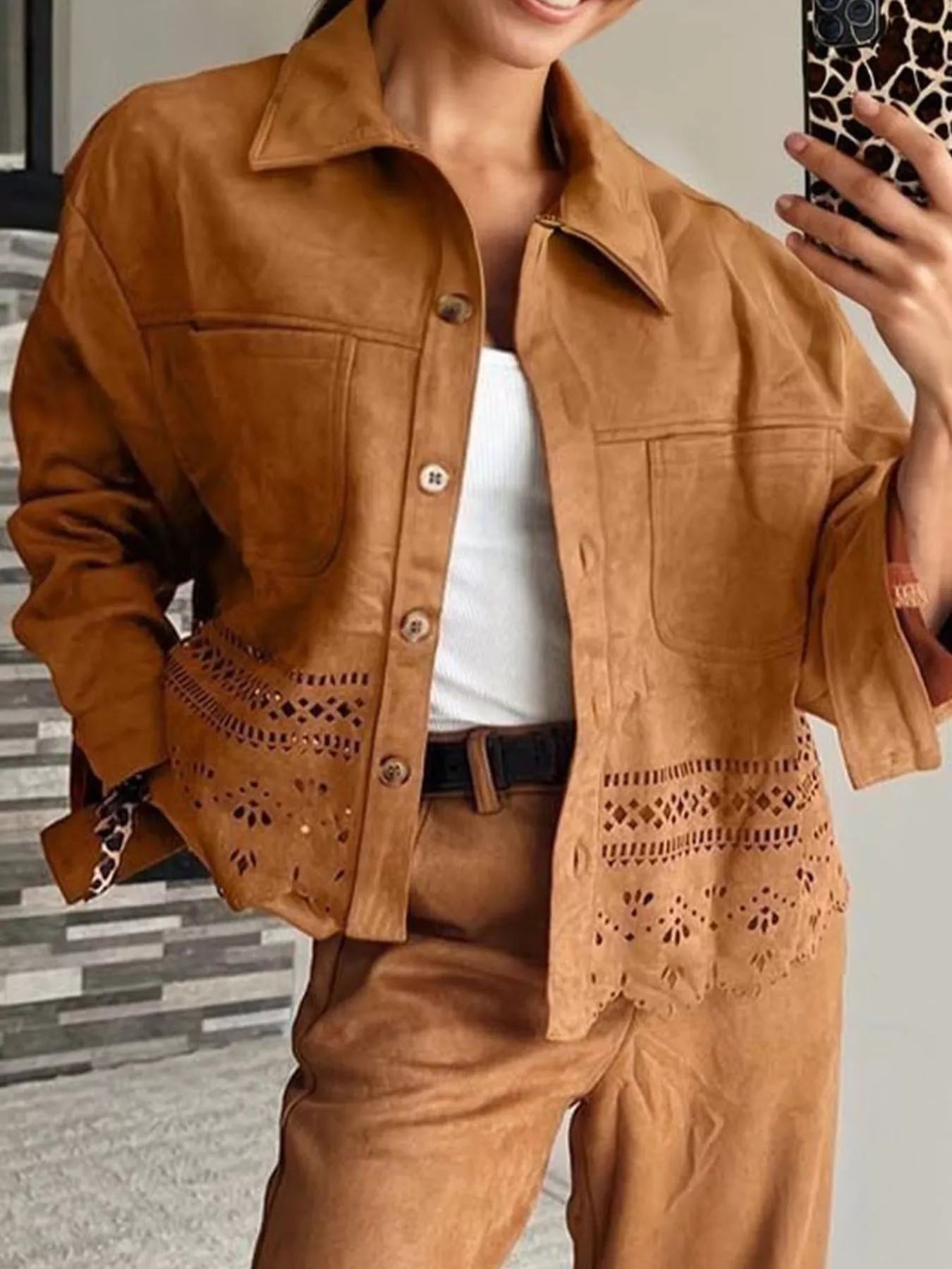 Solid Color Faux Suede Hollowed Detail Retro Style Jacket Trendsi