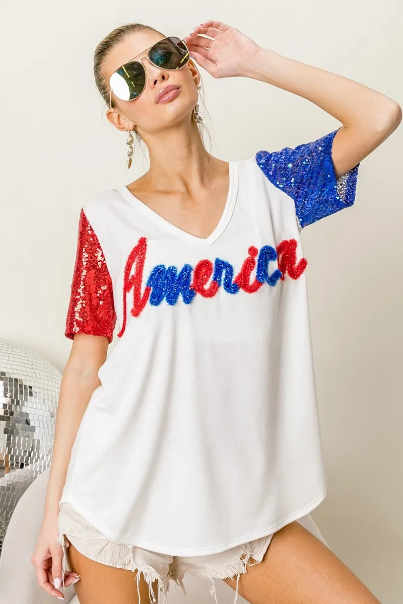 BiBi Metallic Letter V-neck Sequin Sleeves Top OutfitFlow