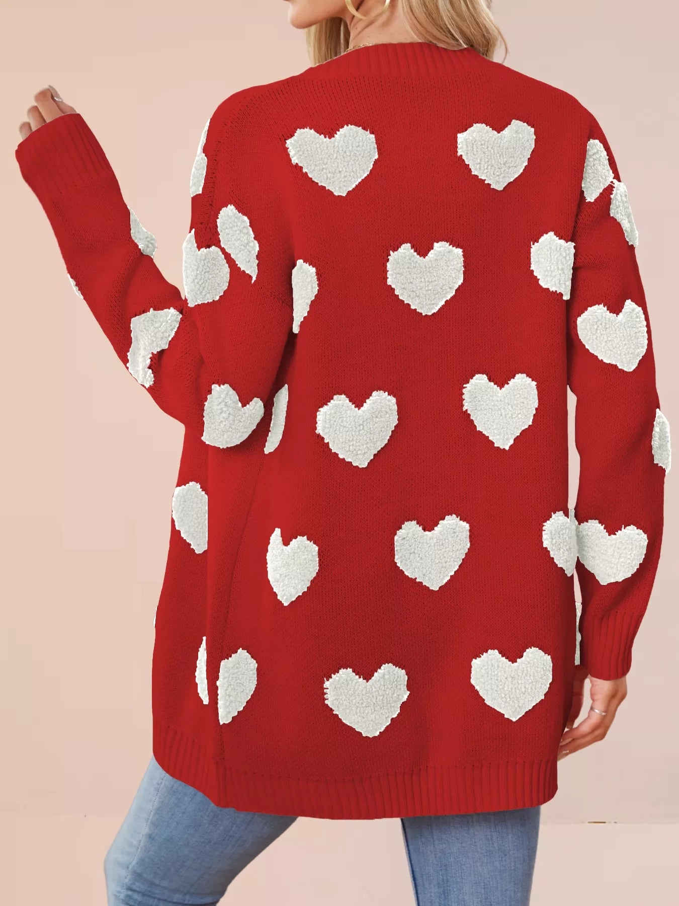 Heart Pattern Knit Button-Up Cardigan OutfitFlow