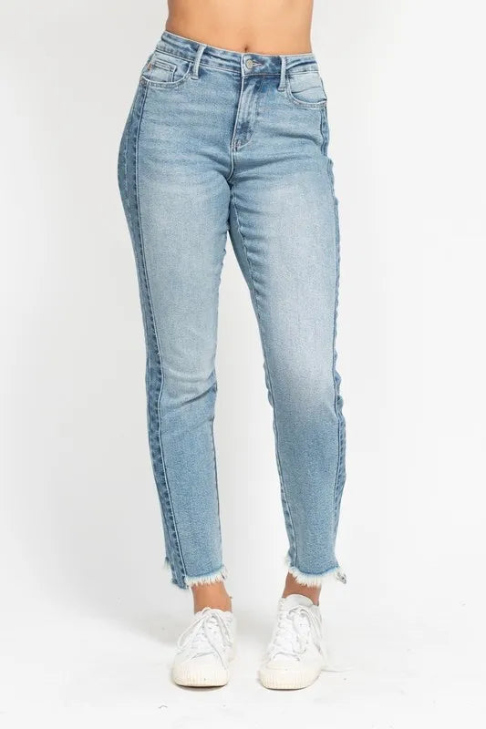 Judy Blue Full Size Vintage Wash Side Panel Detail with Fray Hem Slim Plus Size OutfitFlow
