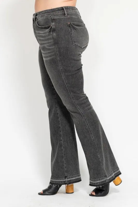 Judy Blue Full Size Mid Rise Tummy Control Washed Gray Release Hem Flare Jeans Plus Size OutfitFlow
