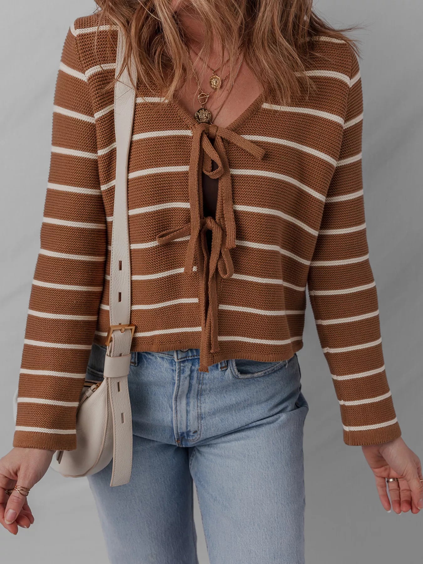 Tie Front Striped Knit V Neck Cardigan OutfitFlow