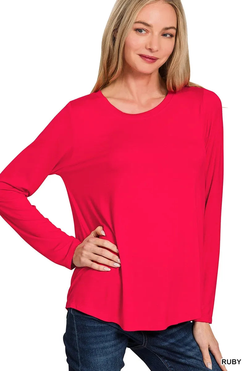 Zenana Flowy Round Hem Rayon Long Sleeve Top RUBY Trendsi