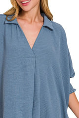 Zenana Airflow Collar Tee with Smocked Sleeve Band Top OutfitFlow