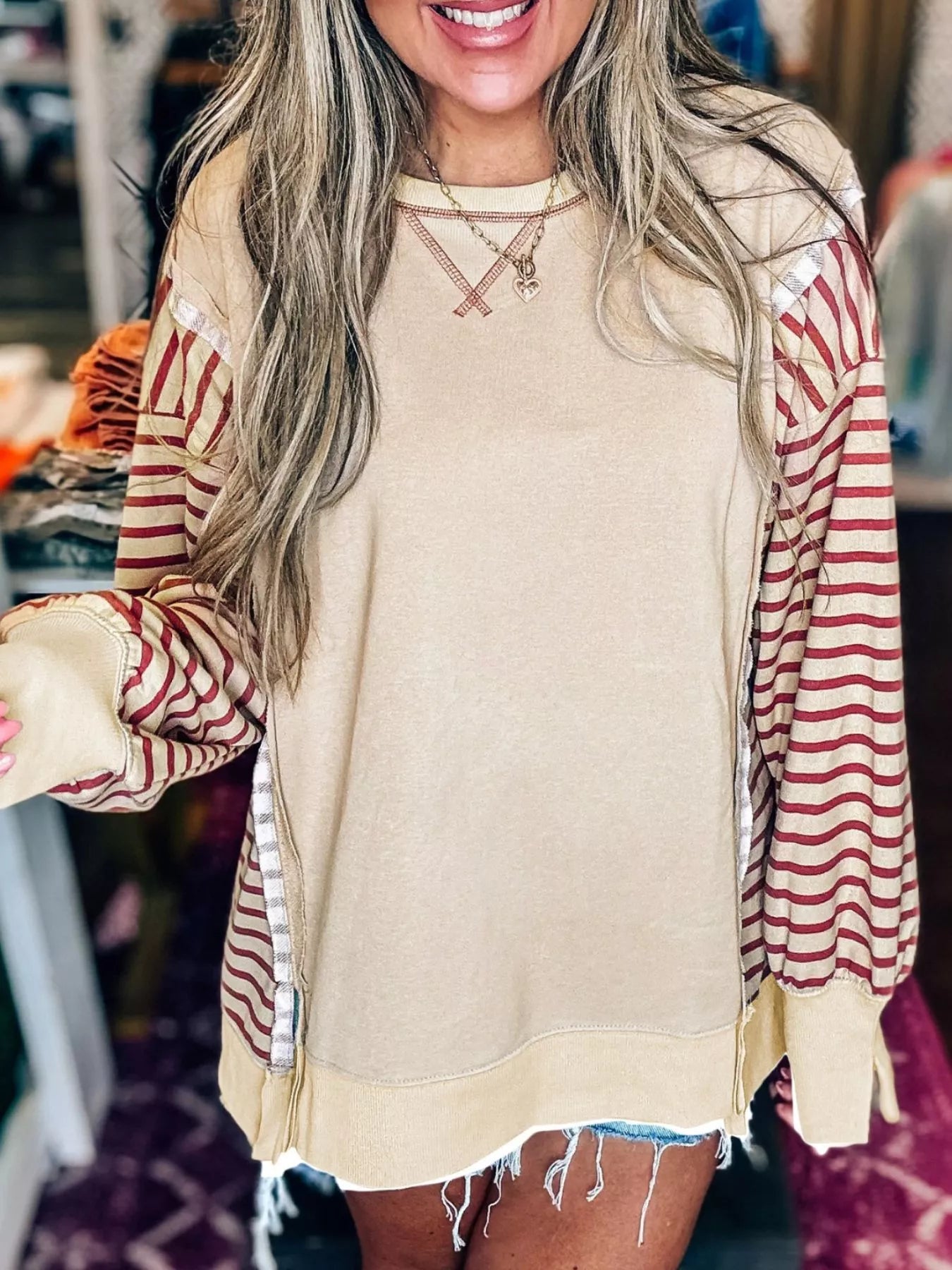 Stripe Sleeve Patchwork Casual Sweatshirt Trendsi