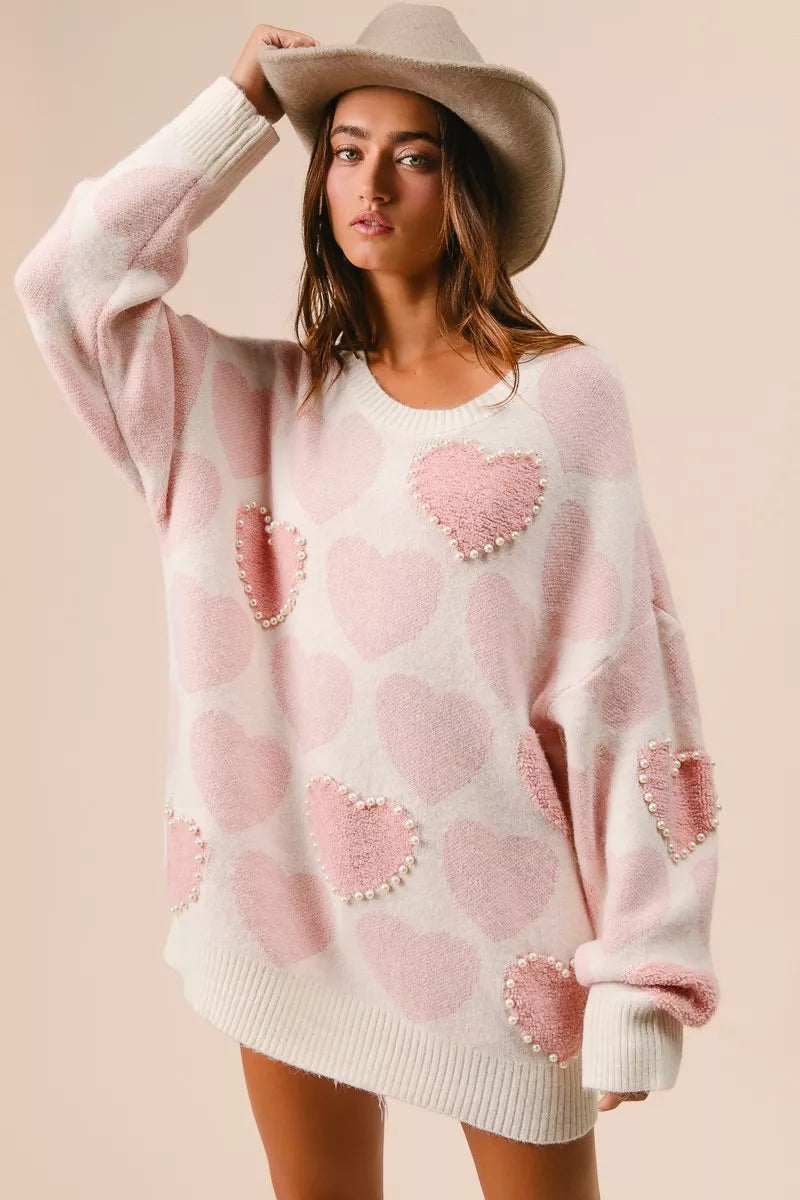 BiBi Heart Pattern Sweater with Pearl Detail OutfitFlow