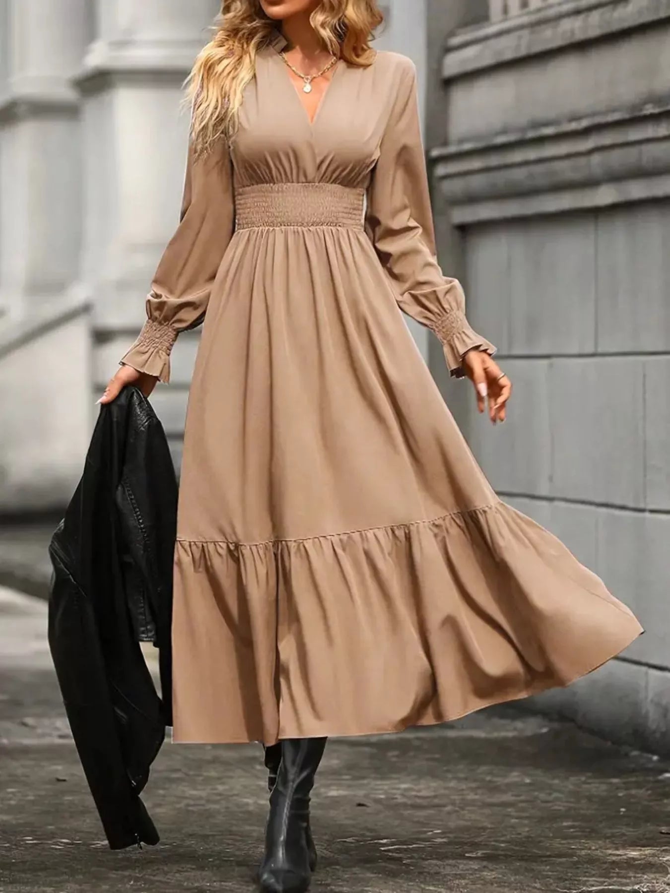 Surplice Long Sleeve Tiered Midi Dress Tan OutfitFlow