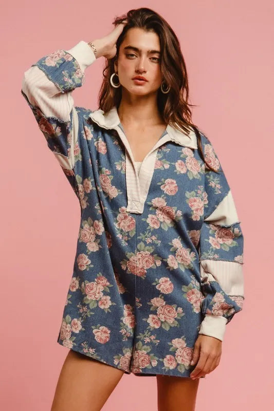 BiBi Washed Floral Denim Romper With Contrast Collar OutfitFlow
