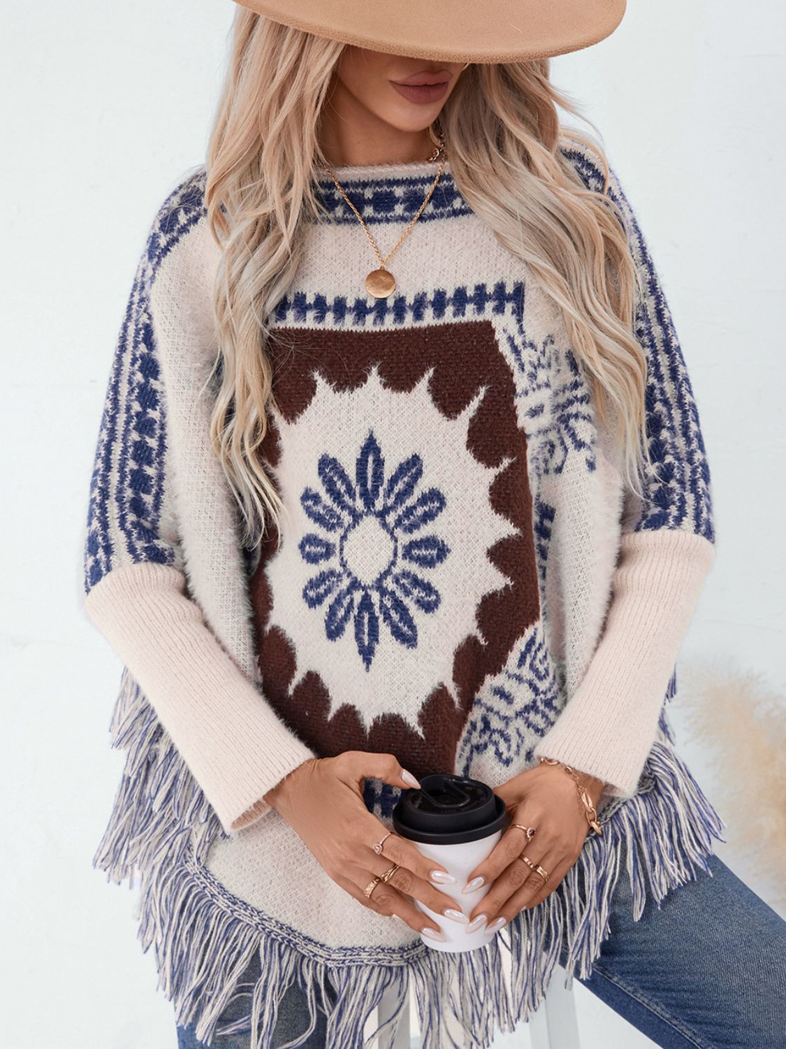 Outfit Flow - Fringe Geometric Long Sleeve Poncho