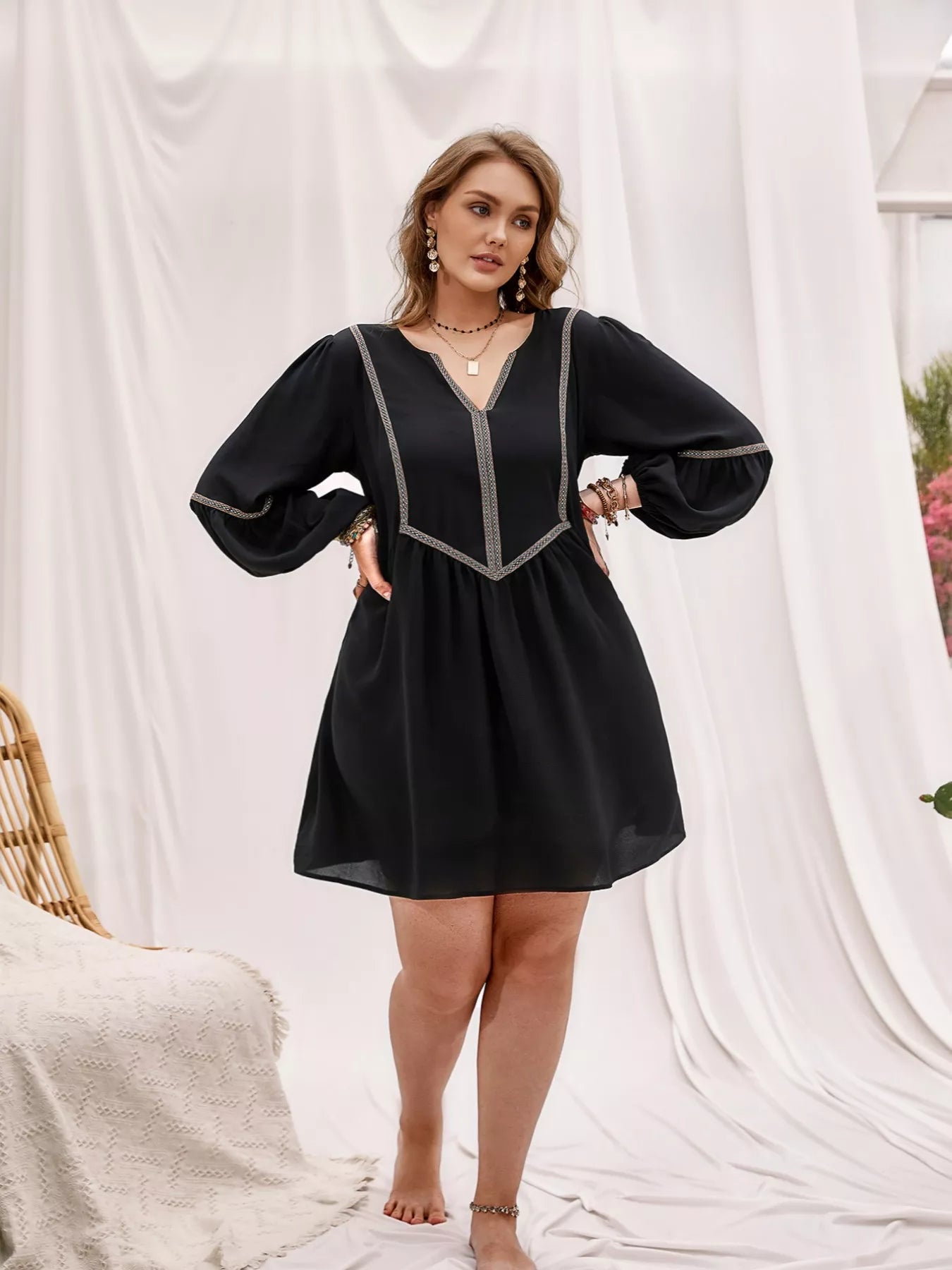 Plus Size Notched Balloon Sleeve Mini Dress OutfitFlow