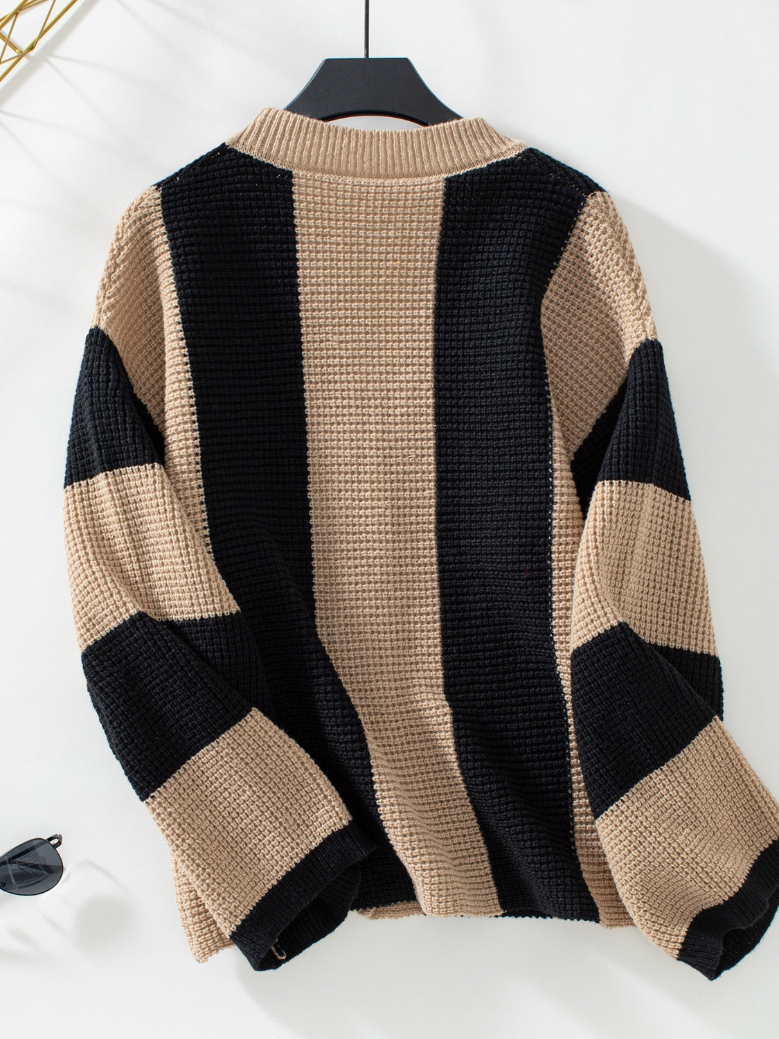 Outfit Flow - Waffle-Knit V-Neck Striped Long Sleeve Cardigan