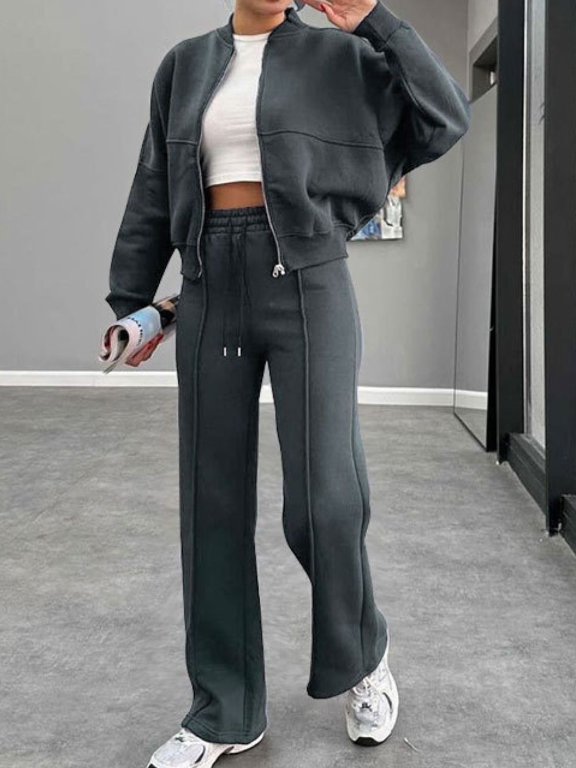 Outfit Flow - Baseball Collar Zip Up Outerwear and Drawstring Pants Set