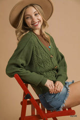 Umgee Chunky Cable Knit V-Neck Button-Up Cardigan OutfitFlow