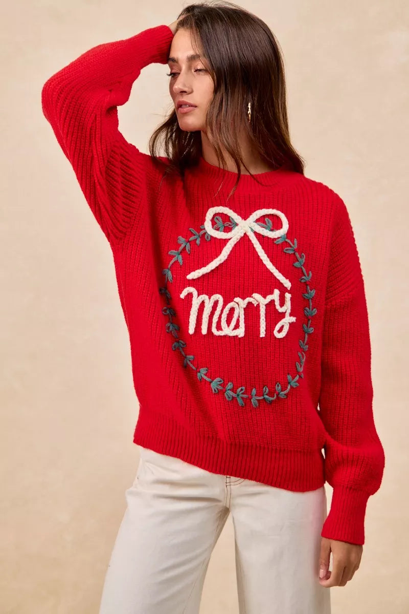 BiBi Christmas Wreath Merry Letter Knit Top OutfitFlow