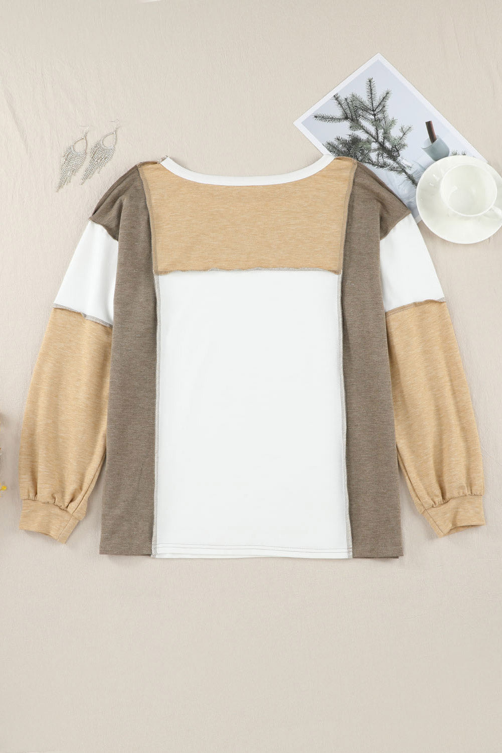 Outfit Flow - Exposed Seam Contrast Round Neck Long Sleeve Top