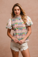 BiBi Ruffle Neckline Blouse With Embroidery Bubble Sleeve OutfitFlow