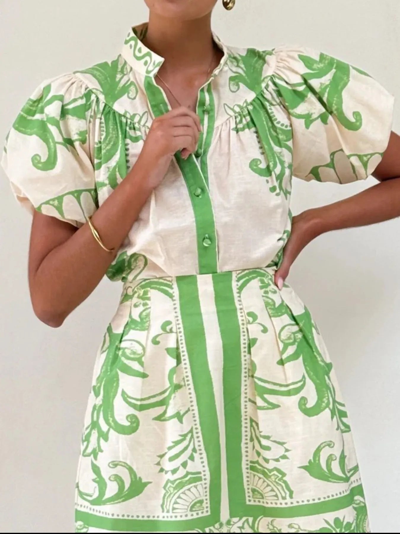 Puff Sleeve Printed Top and Zip Back Skirt Set OutfitFlow