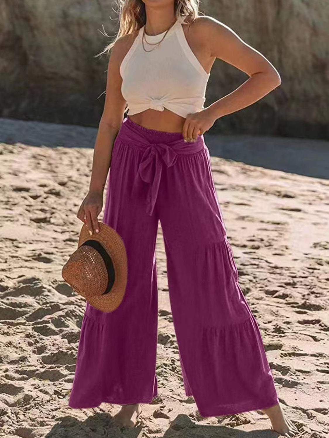 Outfit Flow - Tied Ruched Wide Leg Pants