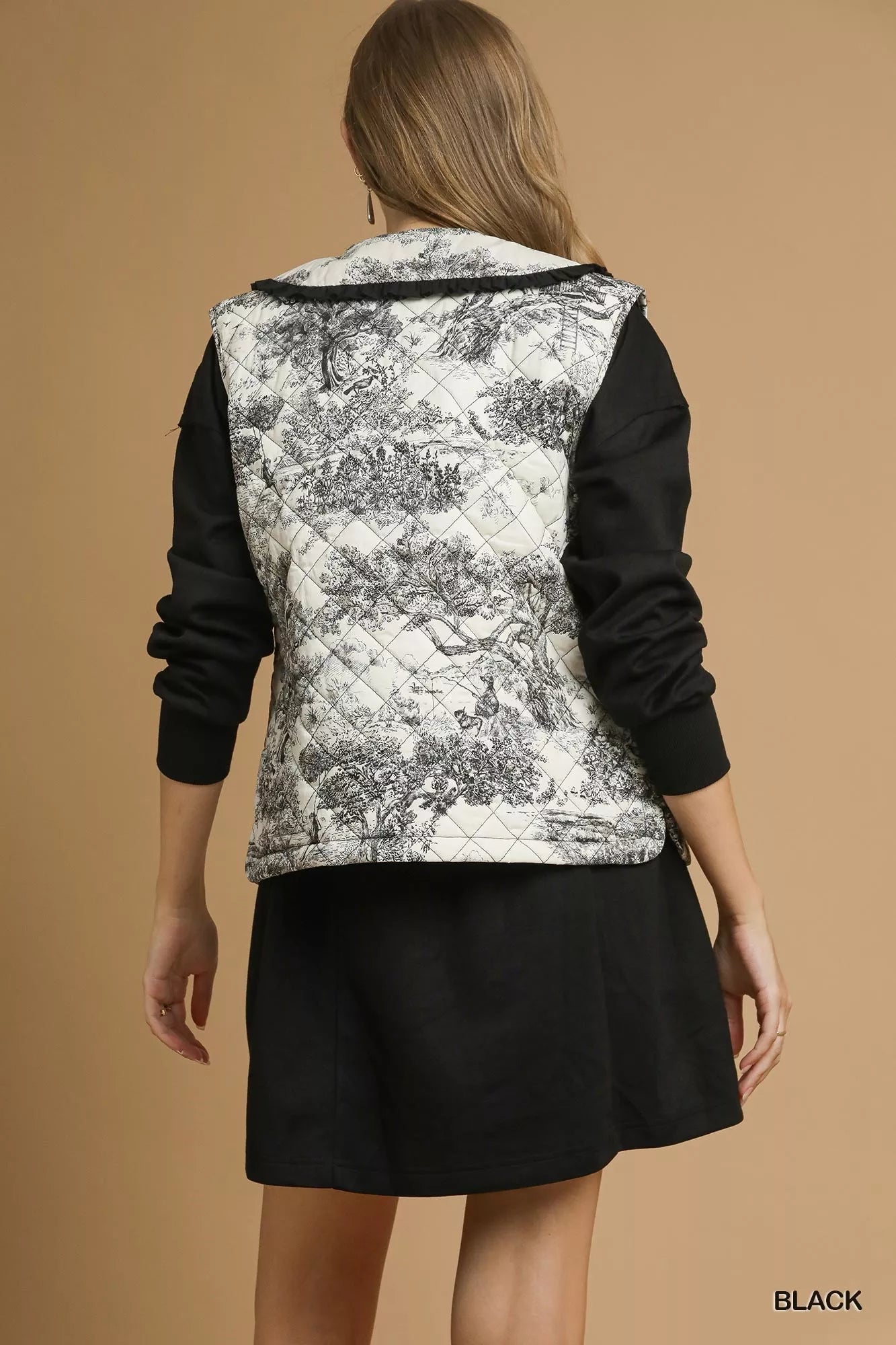 Umgee Toile Quilted Vest with Ruffle Collar OutfitFlow
