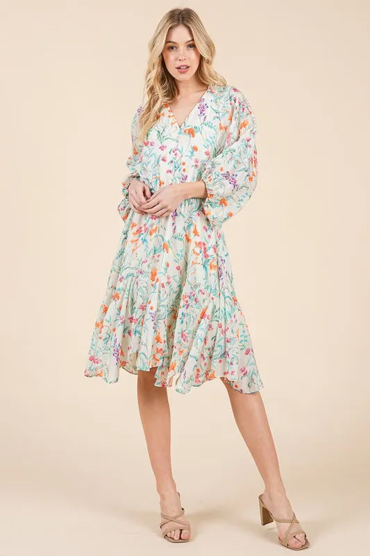 Lime 'N' Chili Floral Cinched Waist Balloon Sleeve V-Neck Dress OutfitFlow