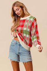 SO ME Christmas Color Checkered Plaid Crew Neck Sweater Trendsi