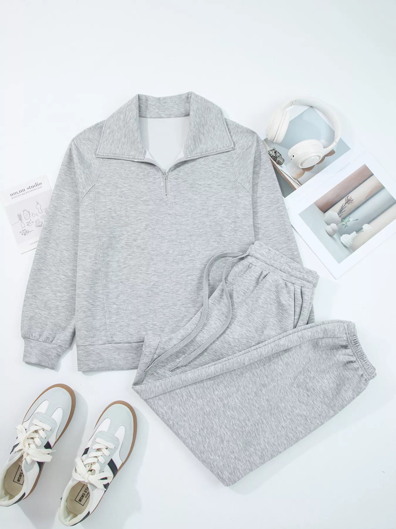 Zip Collar Long Sleeve Top and Drawstring Pants Set OutfitFlow