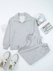Zip Collar Long Sleeve Top and Drawstring Pants Set OutfitFlow