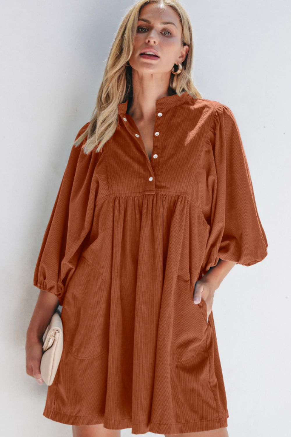 Corduroy Quarter Snap Three-Quarter Sleeve Dress OutfitFlow