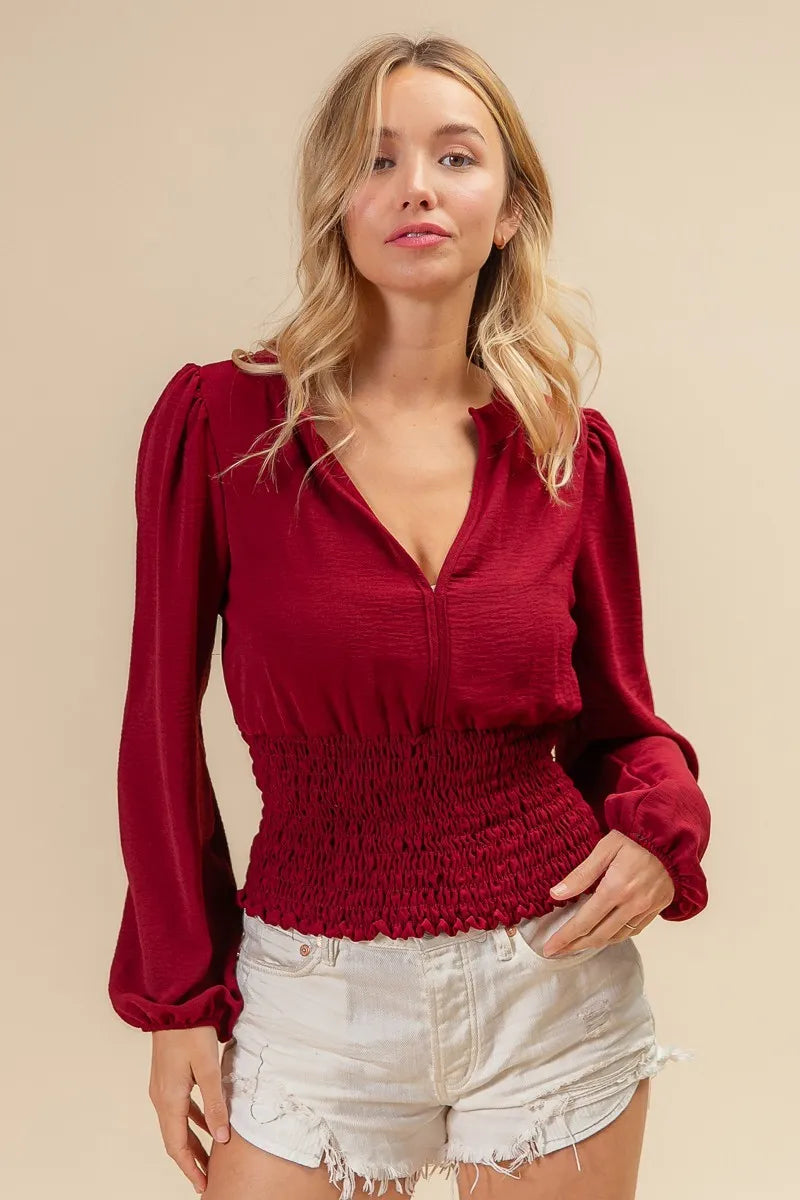 BiBi Smoking Waist Band and Puff Sleeves Deep V Neck Top OutfitFlow