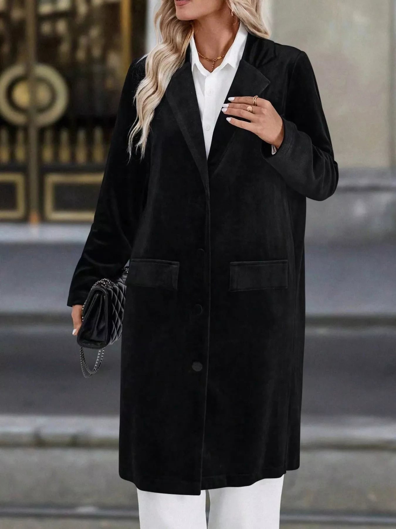 Lapel Collar Long Sleeve Longline Coat OutfitFlow