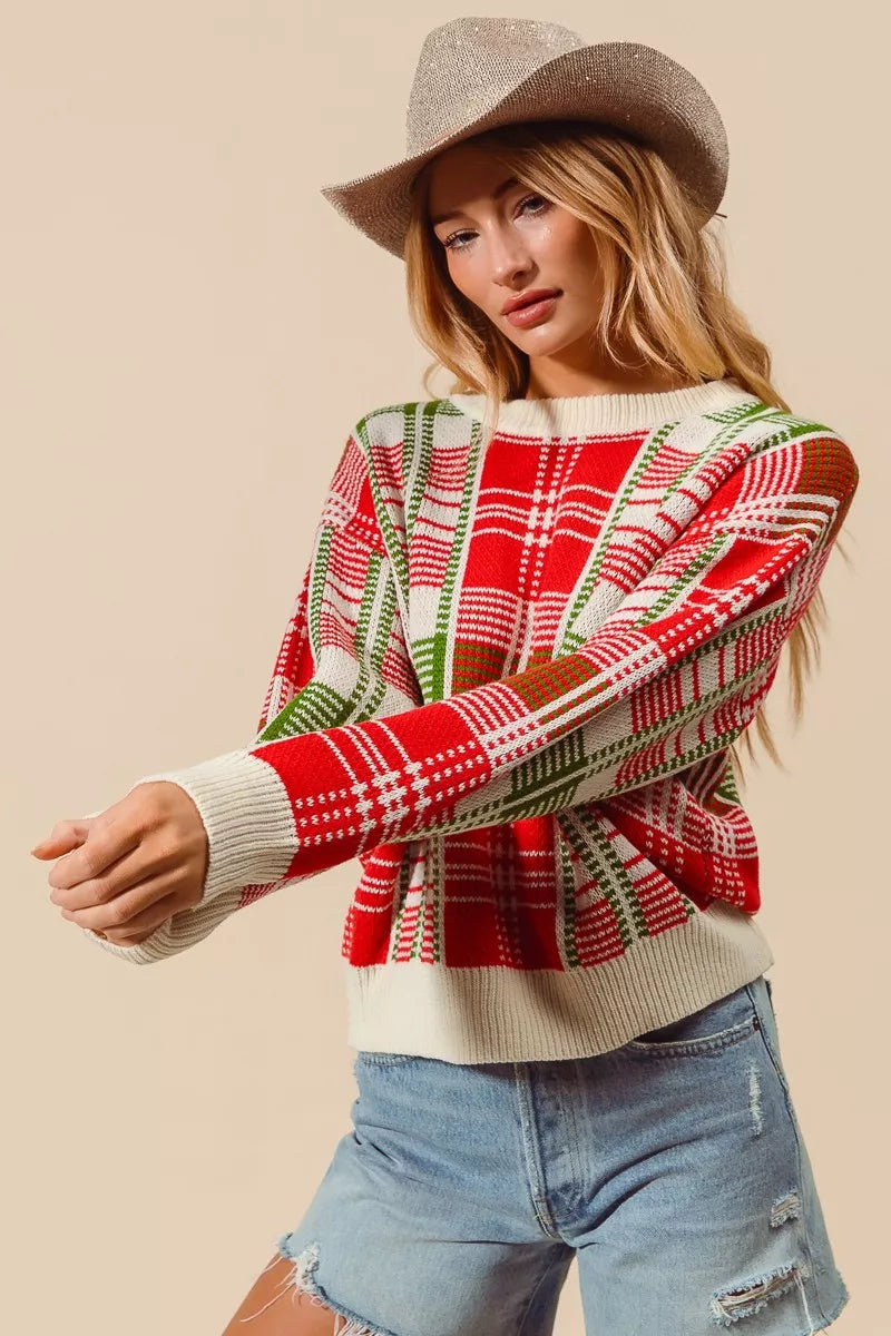 SO ME Christmas Color Checkered Plaid Crew Neck Sweater Trendsi