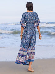 Ruched Printed Flounce Sleeve Midi Dress OutfitFlow