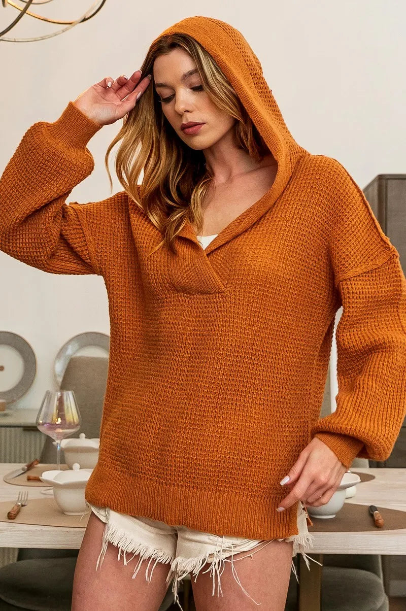 BiBi Raw Edge Detail V-Neck Sweater Hoodie CAMEL OutfitFlow