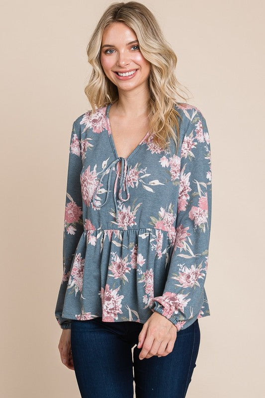 Outfit Flow - Super Lady Full Size Babydoll Floral Long Sleeve Blouse