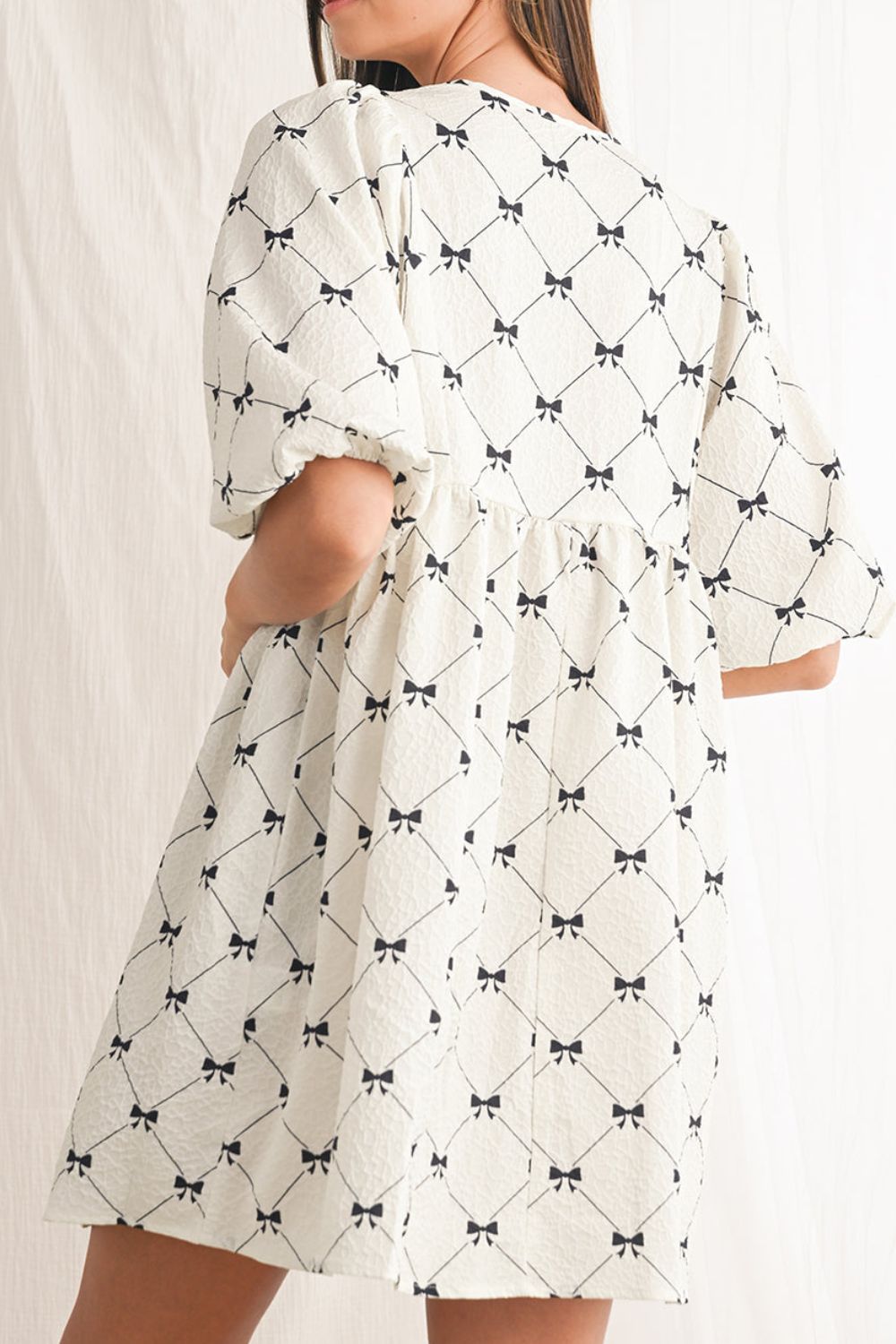 Bow Print Tie Neck Half Sleeve Dress OutfitFlow