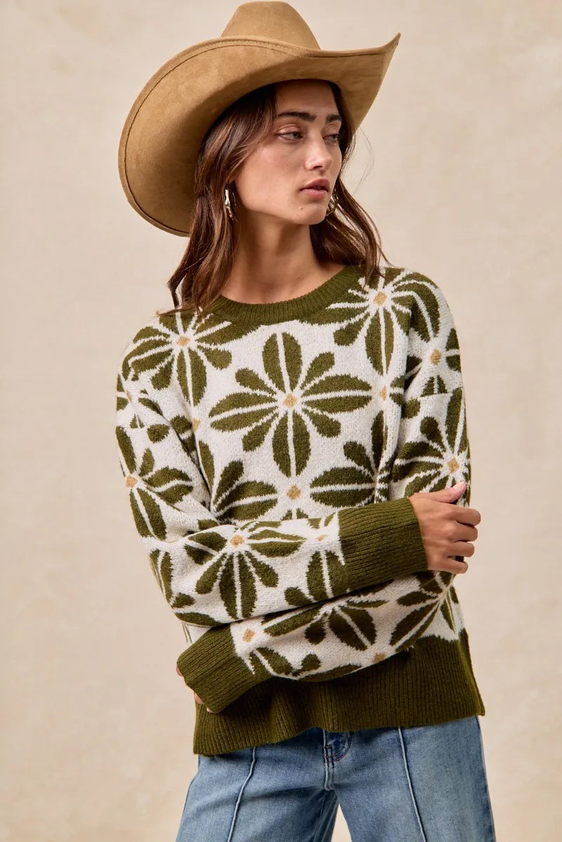 BiBi Flower Pattern Long Sleeve Sweater OutfitFlow