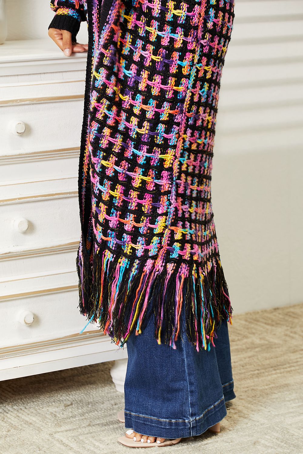 Angel Wings Full Size Multicolored Open Front Fringe Hem Cardigan