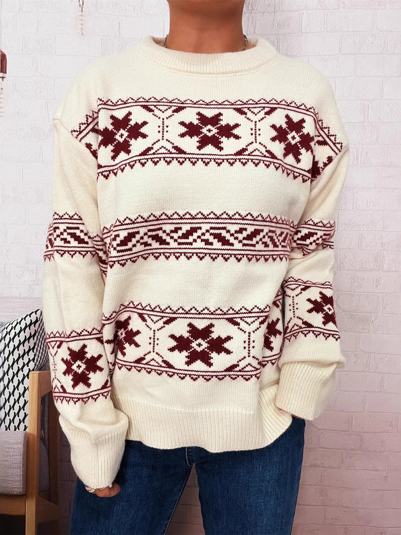 Christmas Snowflake Round Neck Sweater OutfitFlow