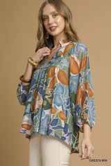 Umgee Multicolor Abstract Floral Print Blouse with Ruffle Neck OutfitFlow