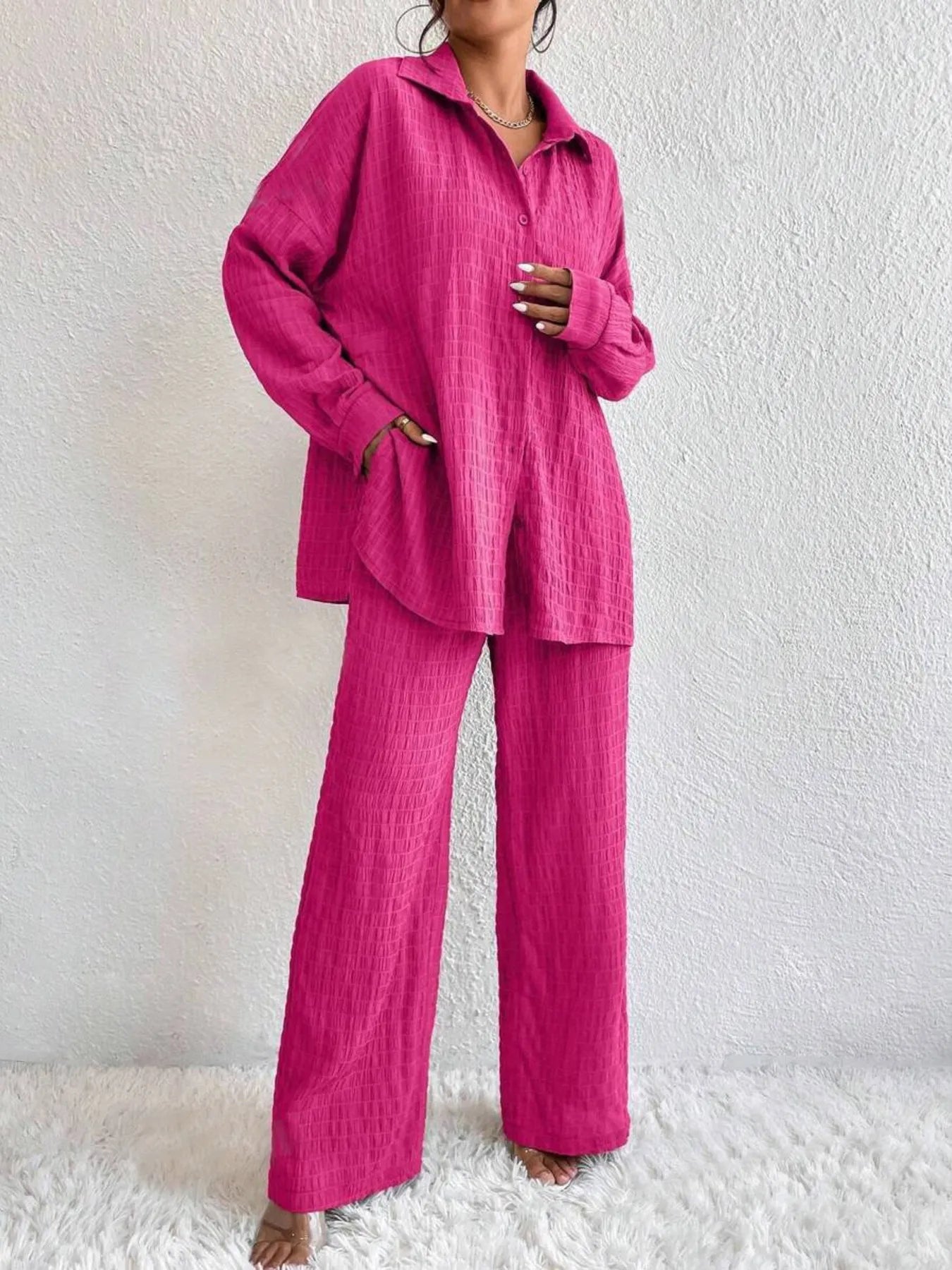 Button Up Long Sleeve Shirt and Pants Set Hot Pink OutfitFlow