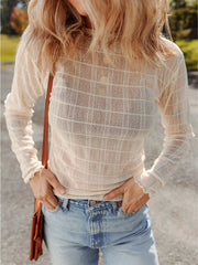 Sheer Plaid Mesh Lettuce Trim Slim Fit Long Sleeve Top OutfitFlow