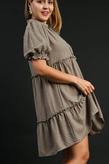 Umgee Full Size Plaid Frill Button Detail Ruffled Short Sleeve Dress Plus Size OutfitFlow