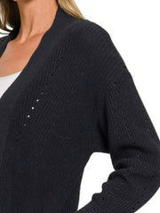 Zenana Eyelet Open Sweater Cardigan with Pockets OutfitFlow