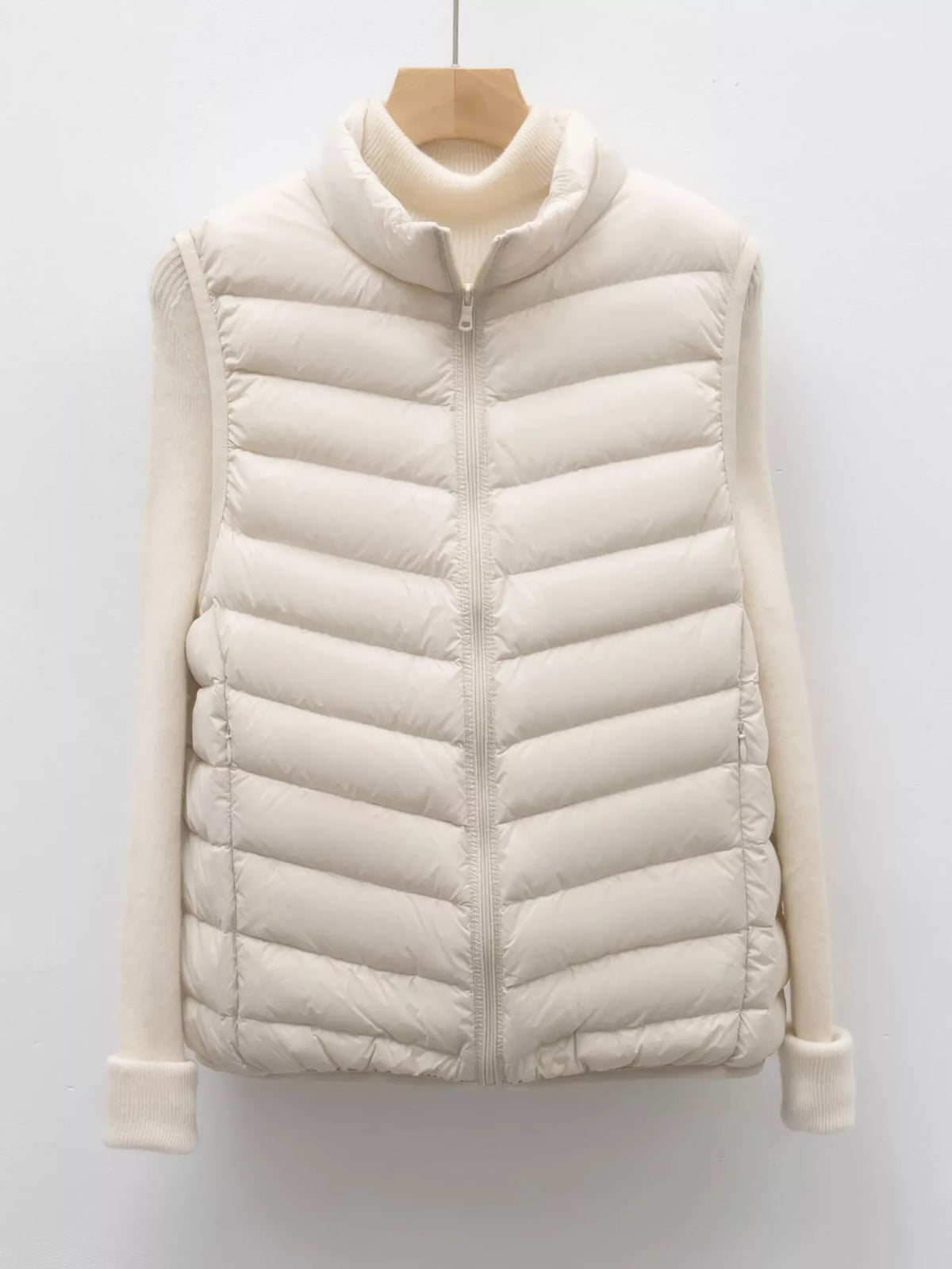 Quilted Zip Up Turtleneck Vest Coat Ivory OutfitFlow